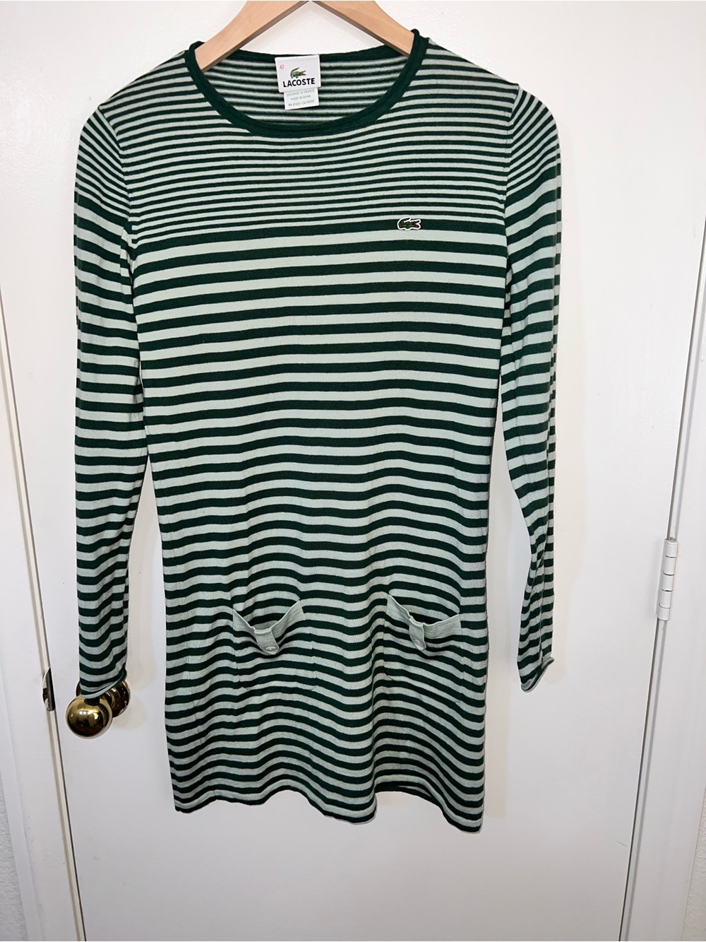 Lacoste Green & White Striped Crewneck Top